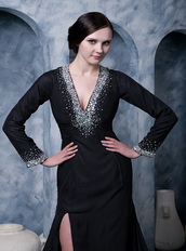 Deep V Black Chiffon Beaded Emberllish Long Sleeves Evening Dress Night Club