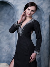 Deep V Black Chiffon Beaded Emberllish Long Sleeves Evening Dress Night Club