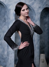 Deep V Black Chiffon Beaded Emberllish Long Sleeves Evening Dress Night Club