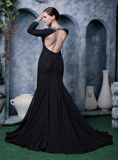 Deep V Black Chiffon Beaded Emberllish Long Sleeves Evening Dress Night Club