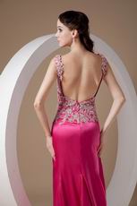 Fuchsia Appliqued Bodice Backless Prom Dress With Side Split