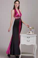 Floor Length Crystals Decorate Fuchsia And Black Prom Celebrity Dress
