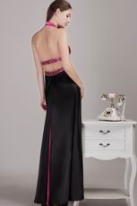 Floor Length Crystals Decorate Fuchsia And Black Prom Celebrity Dress