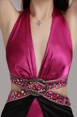 Floor Length Crystals Decorate Fuchsia And Black Prom Celebrity Dress