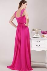 Beaded Wide Straps Deep Pink Chiffon Skirt Pageant Dress