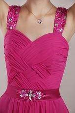 Beaded Wide Straps Deep Pink Chiffon Skirt Pageant Dress