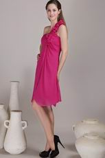 Deep Rose One Shoulder With Hand Flowers Bridesmaid Dress