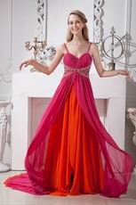 Spaghetti Straps Deep Pink And Orange Contrast Chiffon Prom Party Dress