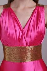 Fuchsia V Neck Slit Skirt Evening Dress With Golden Sash