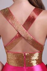 Fuchsia V Neck Slit Skirt Evening Dress With Golden Sash