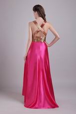 Fuchsia V Neck Slit Skirt Evening Dress With Golden Sash