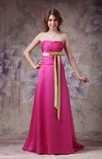 Strapless Floor Length Fuchsia Prom Dress With Champagne Belt