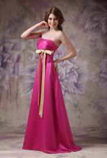 Strapless Floor Length Fuchsia Prom Dress With Champagne Belt