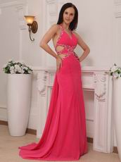 Backless Hot Pink Halter Cheap La Femme Prom Dresses Gowns