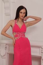 Backless Hot Pink Halter Cheap La Femme Prom Dresses Gowns