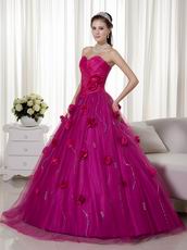 Fuchsia A-line Trimed Puffy Prom Gowns With Hand Made Flowers