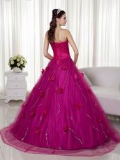 Fuchsia A-line Trimed Puffy Prom Gowns With Hand Made Flowers