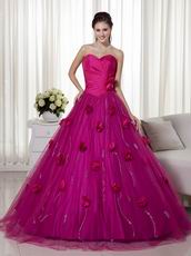 Fuchsia A-line Trimed Puffy Prom Gowns With Hand Made Flowers