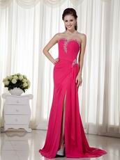 Fuchsia Crystals Emberllish Top Prom Dress With Front Slit Skirt