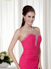 Fuchsia Crystals Emberllish Top Prom Dress With Front Slit Skirt
