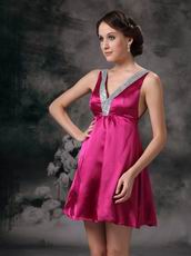 Deep V-neck Knee Length Fuchsia Sweet 16 Dress