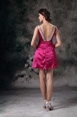 Deep V-neck Knee Length Fuchsia Sweet 16 Dress
