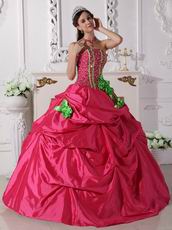 Beaded Deep Pink Quinceanera Gown With Spring Green Hand Made Flowers