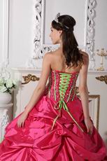 Beaded Deep Pink Quinceanera Gown With Spring Green Hand Made Flowers