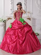 Beaded Deep Pink Quinceanera Gown With Spring Green Hand Made Flowers