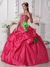 Beaded Deep Pink Quinceanera Gown With Spring Green Hand Made Flowers