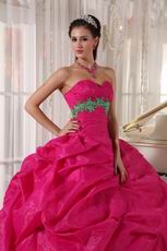 Spring Green Flower Decorate Deep Pink Quinceanera Girls Dress