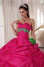 Spring Green Flower Decorate Deep Pink Quinceanera Girls Dress