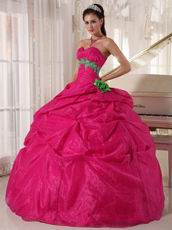 Spring Green Flower Decorate Deep Pink Quinceanera Girls Dress