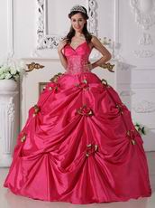 Deep Pink Quinceanera Dress With Spring Green Flowers Decorate