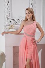 Custom Beaded Asymmetrical Pink Chiffon Graduation Dress