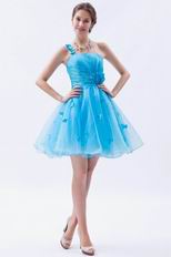 Sexy One Shoulder Knee Length Azure Graduation Dress