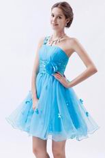 Sexy One Shoulder Knee Length Azure Graduation Dress