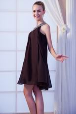 One Shoulder Crystals Brown Chiffon Short Graduation Dress