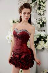 Wine Red Rolled Fabric Flowers Short Graduation Dress