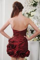 Wine Red Rolled Fabric Flowers Short Graduation Dress