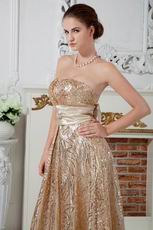 Flaring Strapless Gold Sequin Fabric Evening Dress With Sash