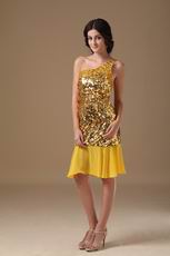 One Shoulder Golden Flaring Sequin Fabric Dress To Cocktail