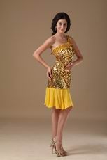 One Shoulder Golden Flaring Sequin Fabric Dress To Cocktail