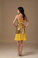 One Shoulder Golden Flaring Sequin Fabric Dress To Cocktail