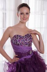 Purple Low Front Long Back Prom Dress With Crystal Decorate