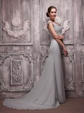 V-neck Gray Chiffon Cheap Prom Evening Dress With Court Train