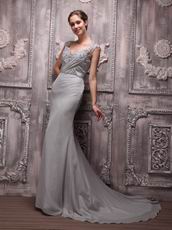 V-neck Gray Chiffon Cheap Prom Evening Dress With Court Train