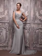 V-neck Gray Chiffon Cheap Prom Evening Dress With Court Train