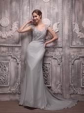 V-neck Gray Chiffon Cheap Prom Evening Dress With Court Train