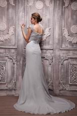 V-neck Gray Chiffon Cheap Prom Evening Dress With Court Train